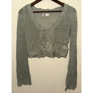 SO Cropped Open Knit Tie Front Cardigan Sage Green XS